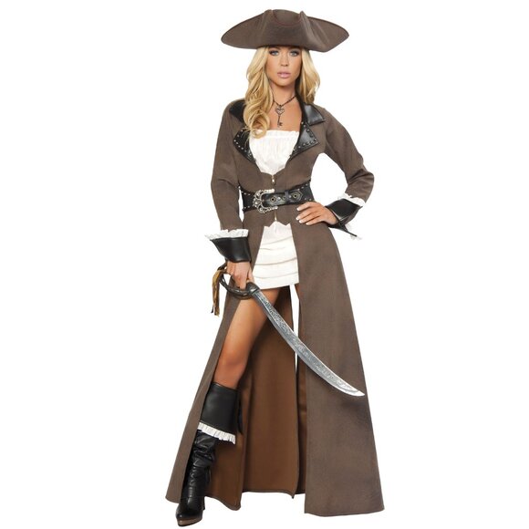 Pirate Costume Long Distressed Overcoat Jacket Dress Hat and Sword - Picture 3 of 4